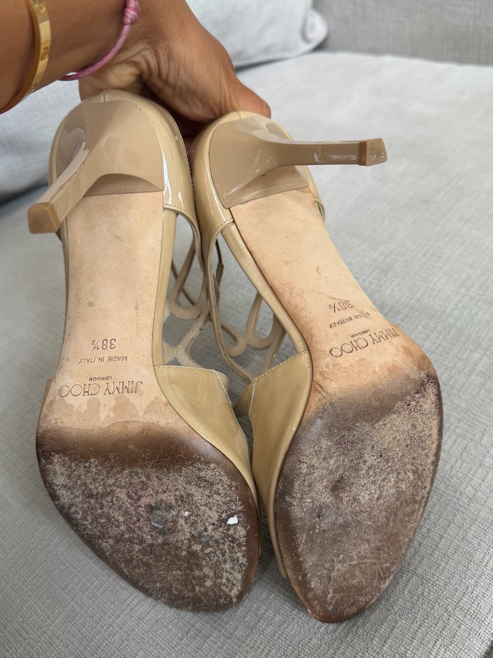 Jimmy Choo Lang Beige Patent Leather Ankle Strap Sandals size 38.5 - Picture 7 of 7